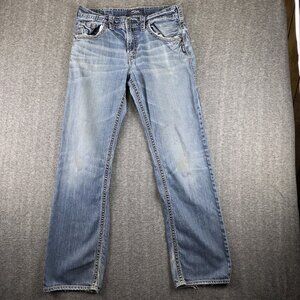 Silver Jeans Co Gordie Jeans Mens 32x36 Blue Straight Light Wash Distressed